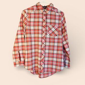 Eddie Bauer Women's Pink Coral Gray Plaid Cotton Blouse Size M